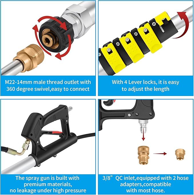 24 FT Telescoping Pressure Washer Wand Extension, Hot Water Supported Power Washer Extension Wand with 7 Nozzle Tips, 3 Adapters & Harness, Gutter Cleaning Tools for 2 Story House