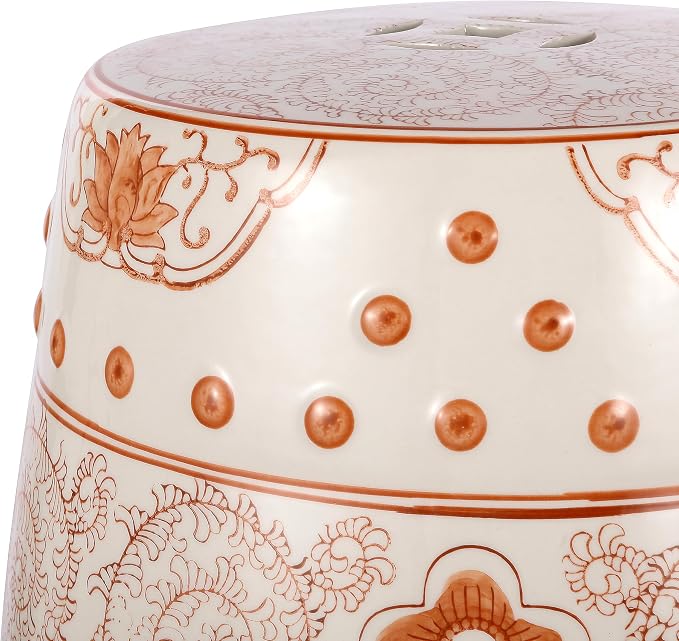 JONATHAN Y Double Happiness 18" Ceramic Garden Stool, Traditional Chinoiserie Orange and White Indoor/Outdoor Patio Drum Accent Side Table and Plant Stand TBL1013D