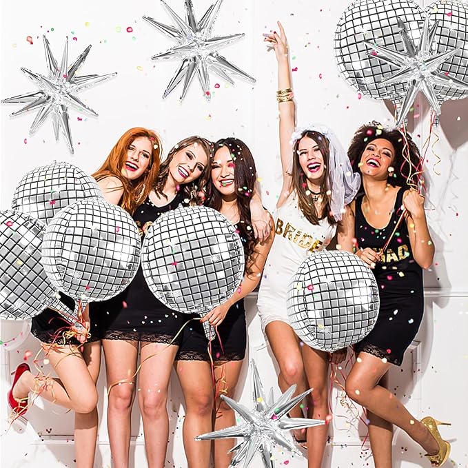 OuMuaMua Disco Ball Balloons for 70s Disco Party Decor, 22 Inch Large 4D Metallic Silver Disco Balloons with Stars Balloon for Themed Party, Birthday New Year Christmas Decor 9pcs