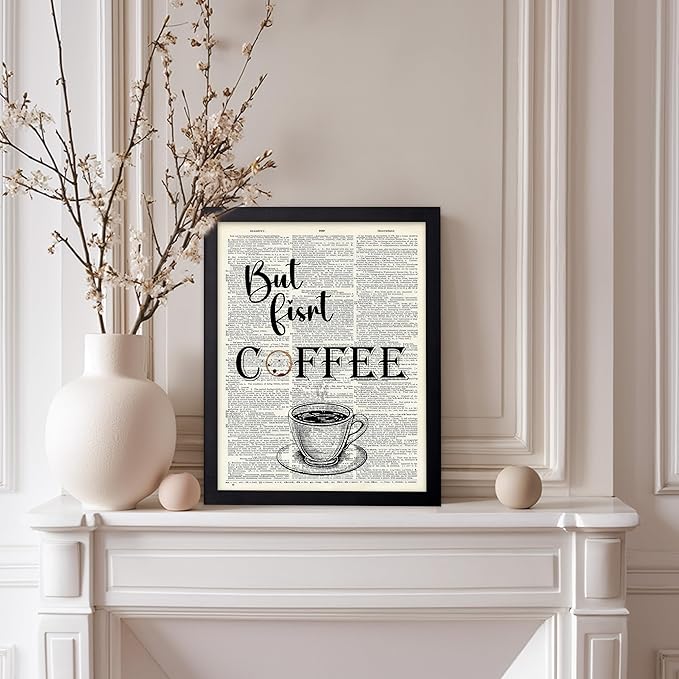 Poster Master Dictionary Art Poster - But First Coffee Print - Cafe Art - Gift for Men, Women, Coffee Lovers & Barista - Funny Decor for Kitchen, Restaurant or Dining Room, 8x10 Black Framed