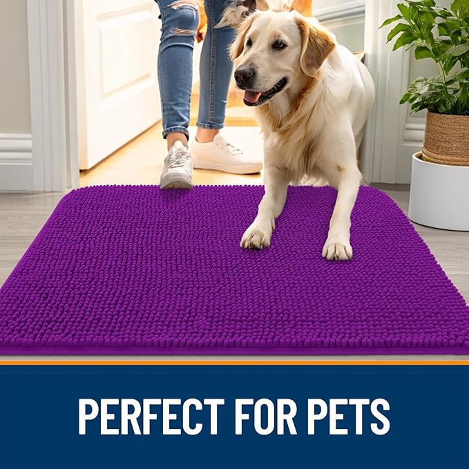 OLANLY Dog Door Mat for Muddy Paws 47x20, Absorbs Moisture and Dirt, Absorbent Non-Slip Washable Doormat, Quick Dry Chenille Mud Mat for Dogs, Entry Indoor Entryway Carpet for Inside Floor, Purple