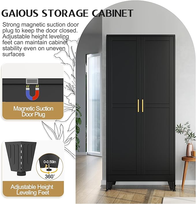71" Tall Metal Storage Cabinet with 2 Doors and 4 Adjustable Shelves, Kitchen Pantry Cabinet Black Freestanding Cupboard, 5 Tier Multifunctional Steel Storage for Office, Kitchen, Dining Room