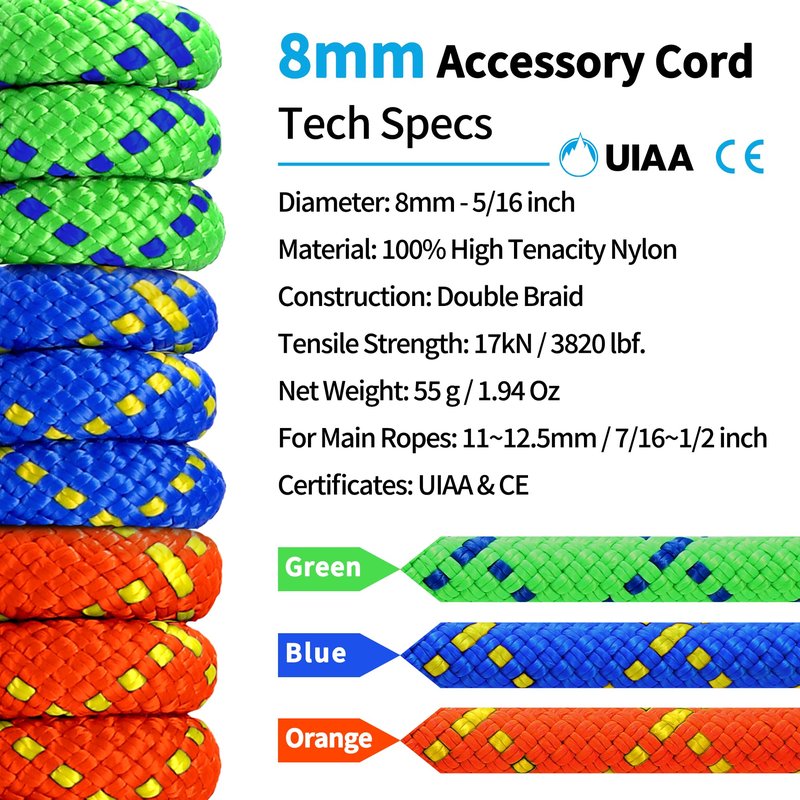 ZEPSEON Prusik Cord 8mm (5/16in) 20M(65ft) Climbing Nylon Rope Accessory Line Double Braid Pre Cut Cord Climbing Rock Accessories Uiaa High Tensile Strength for Mountaineering, Canyoneering, Rescue