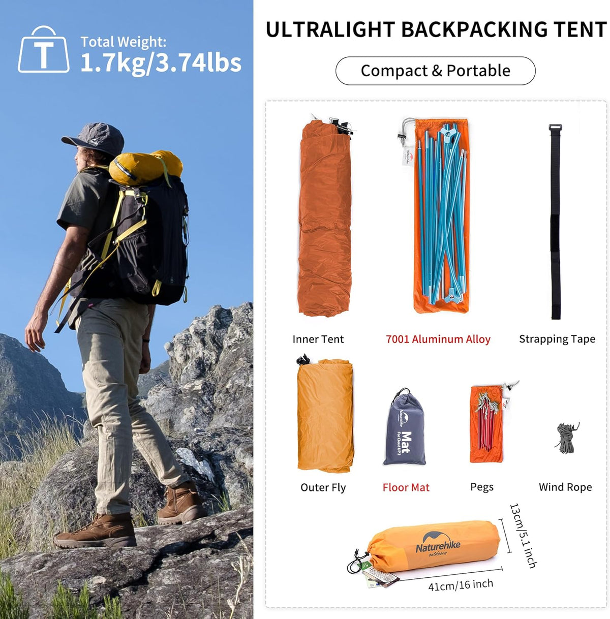 Naturehike Cloud-Up 1 Person Tent, Lightweight Backpacking Tents for One Man, Waterproof Ultralight One Person Tent for Camping Hiking Backpacking