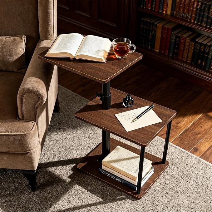 Swivel Side Table for Couch Arm, Adjustable C End Table for Recliner or Bed, Tv Trays with Storage Shelf for Small Spaces Small Nightstand Table for Living Room, Bedroom，Walnut 2pc
