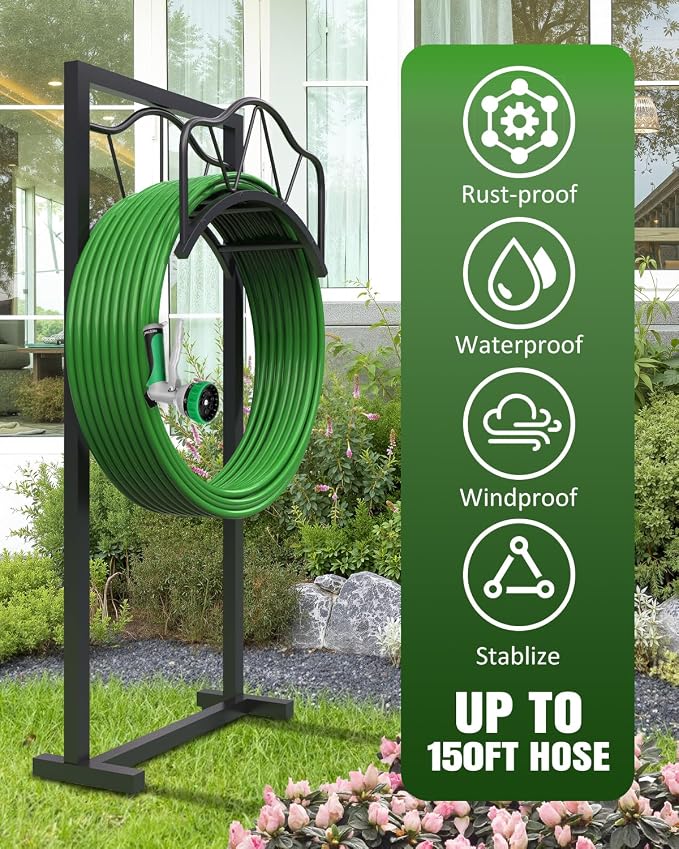 Breeze Touch Heavy Duty Garden Hose Holder Freestanding, 4-Spike Stable Water Hose Holder for Outside, Rustproof Metal Hose Stand Holds Up to 150FT Hose, Easy Install Hose Hanger for Yard Lawn Patio