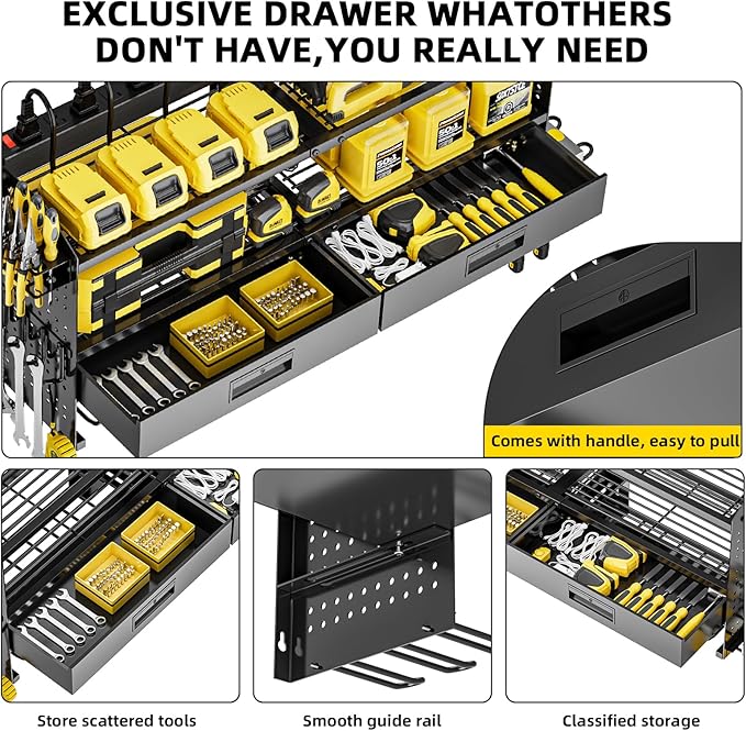 Power Tool Organizer Wall Mount Heavy Duty 400 lbs, 4 Layers Storage Rack with 9 Drill Holders & Battery Storage, Cordless Tool Organizer for Garage, Workshop & Tool Room