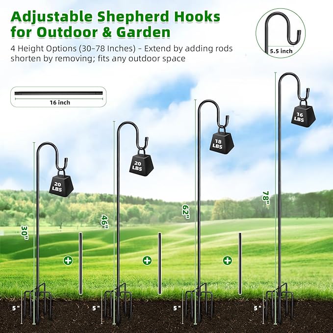 COCONUT 78" Heavy Duty Shepherds Hooks for Outdoor, Bird Feeder Pole with 5 Prong Base, Adjustable Height Shepherds Hook for Hummingbird Feeder, Bird Feeder, Plant, Wind Chimes, Lanterns (1 Pack)