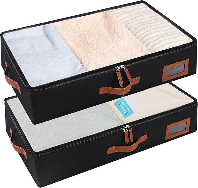 OrganiHaus Under Bed Storage Containers, Bedroom Storage and Organization Bins, Clothes Organizer for Closet with Clear Cover and Reinforced Handles - Set of 2 23.5x12.5x5 inches Black