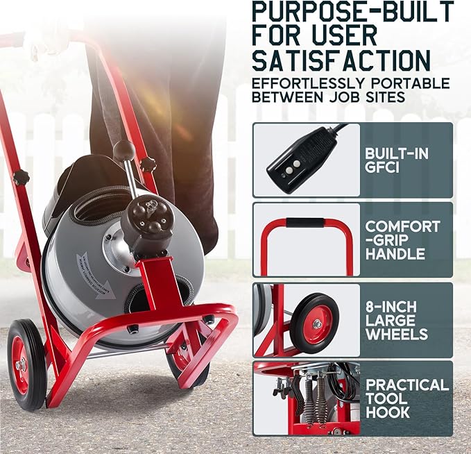 Albott 75 FT x 1/2 inch Electric Drain Cleaner Machine with Auto-Feed & 10 Cutters, Sewer Snake Auger for 1–4 Inch Pipes, Wheels & Foot Switch, Ideal for Home & Commercial Use, Gray/Red