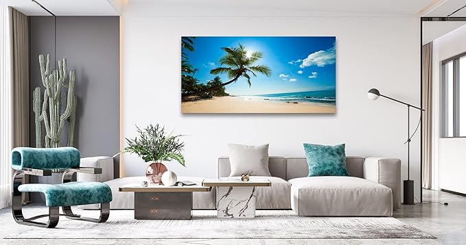 Muolunna ARX0662 Large Canvas Wall Art Summer Ocean Waves Prints Coconut Trees Beach Seascape Painting Hawaii Sea Nature Pictures Stretched and Framed for Living Room Home Office Wall Decor Artwork