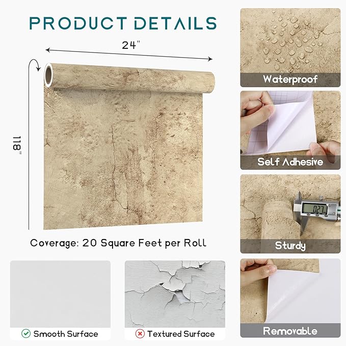 VEELIKE Aged Tan Concrete Wallpaper Peel and Stick Distressed Beige Limewash