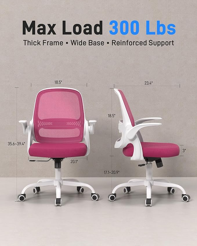 Ergonomic Mesh Office Chair for Home Office, Flip-Up Arms, Breathable Mesh Back & Thick Seat Cushion, Swivel Rolling Computer Desk Chair – BIFMA Certified, Supports 300 lbs (White Frame/Pink Seat)