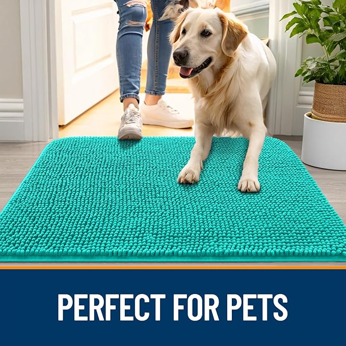OLANLY Dog Door Mat for Muddy Paws 59x35, Absorbs Moisture and Dirt, Absorbent Non-Slip Washable Doormat, Quick Dry Chenille Mud Mat for Dogs, Entry Indoor Entryway Carpet for Inside Floor, Teal