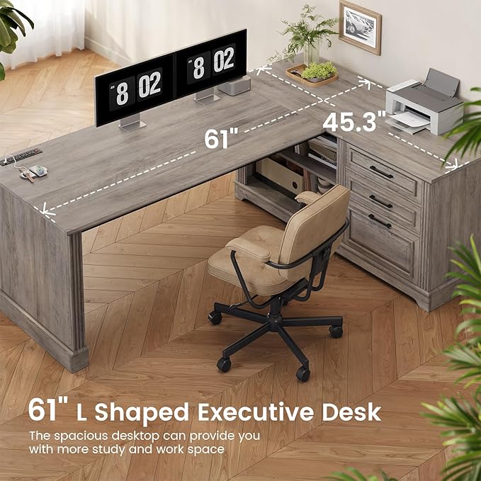 SEDETA Executive Desk, 61" Farmhouse L Shaped Desk with File Drawers, Office Desk with Drawers and Power Outlets, Computer Desk with Storage Shelves for Home Office, Grey