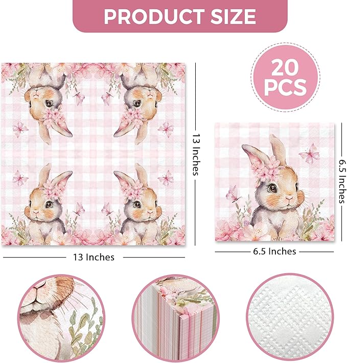 Cute Pink Bunny Paper Napkins, 3-Ply, 6.5 x 6.5 Inch, Disposable Rabbit Cocktail Napkins for Decoupage, Spring Holiday, Dinner Party, Wedding, Baby Shower, Birthday Party Decorations