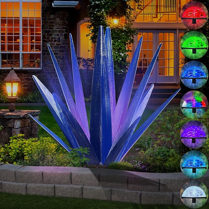 KODIBO Large Tequila Rustic Sculpture, Rustic Metal Agave Plants for Outdoor Patio Yard, Home Decor Hand Painted Metal Agave Garden Yard Statue, Outdoor Lawn Ornaments (Dark Blue - L (W/Solar Light))