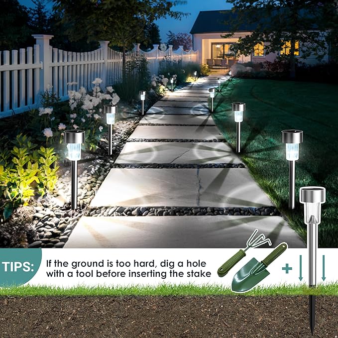 GIGALUMI Solar Lights Outdoor Waterproof, 20 Pack, Stainless Steel LED Solar Garden Lights for Patio, Lawn, Yard and Landscape, Garden Decor Patio Decor, Cold White