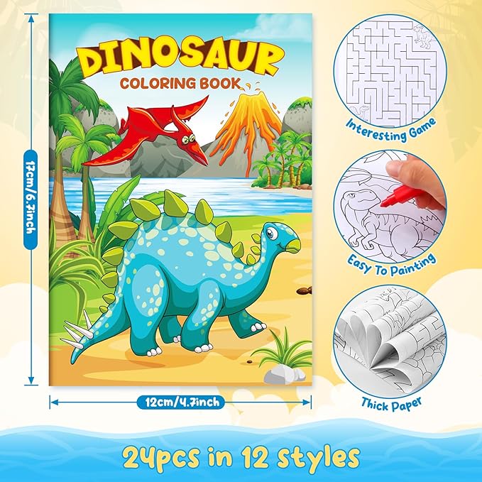 BenLouis 24 Dinosaur Mini Coloring Books Kids with 24 Stacking Crayons Dino Birthday Party Favors Activity Books Bulk for Kids Jurassic Goodie Bag Gift Stuffer Classroom Reward