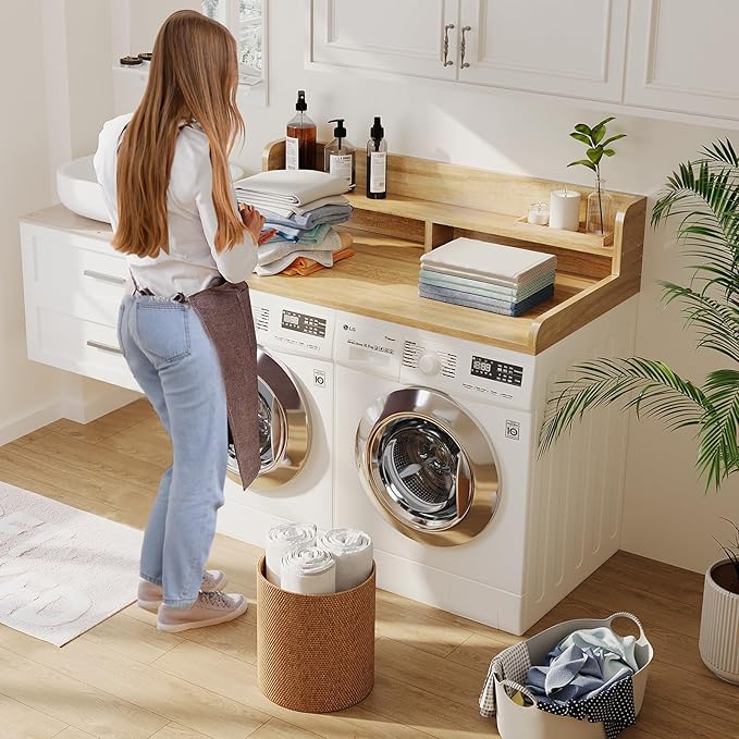 2-Tier Washer Dryer Countertop with 2.75"H Edge Rails, 54" W x 27.55" D Laundry Countertop for Folding Clothes, Washer and Dryer Topper with Non-Slip Pad (Pure Wood Color)