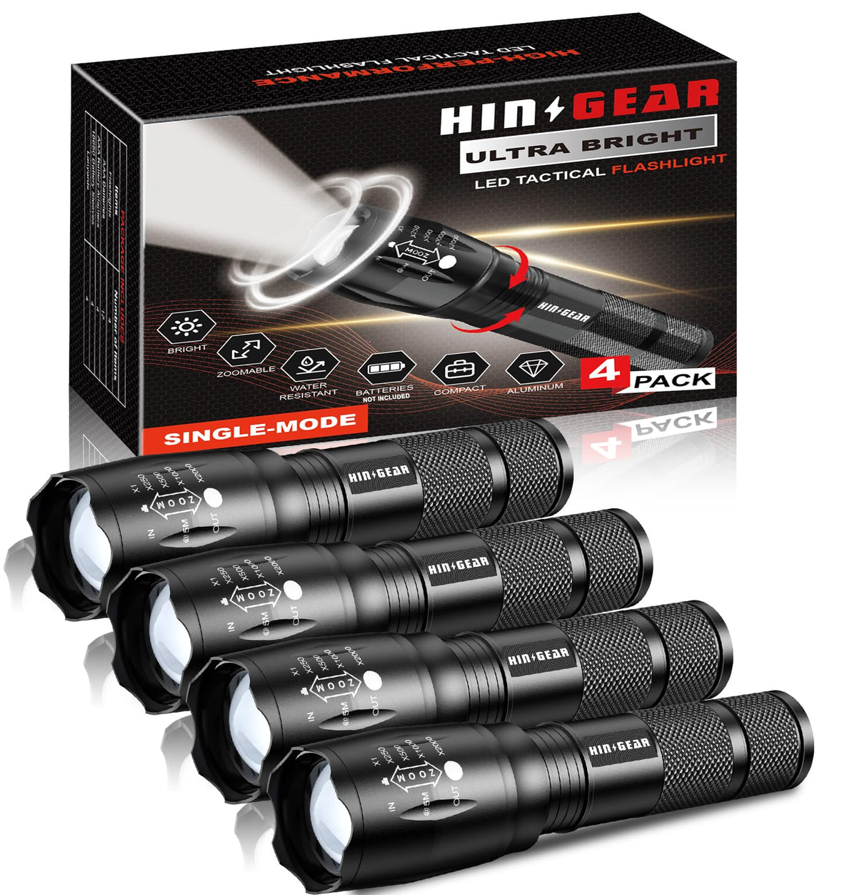 HinsGEAR 1 Mode Flashlights 10 Pack, Bright Zoomable LED Tactical Flashlight High Lumens, Water Resistant Portable Pocket Flash Light for Emergency, Camping Essentials, Gift - SL2000