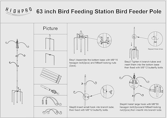 Bird Feeding Station Feeder Pole - Multi Hook 63 inches Stand for Watching Attracting Wild Bird Outdoor Hanging Pole by Highpro, 5-Prong Anchor Base