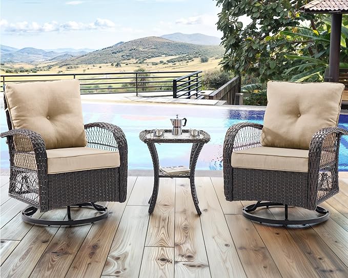 UDPATIO 3 Pieces Patio Furniture Set, Outdoor Swivel Rocker Patio Chairs Set of 2, All-Weather PE Wicker Glider Chairs with Thick Cushions and Glass Coffee Table，for Porch Deck Backyard Khaki