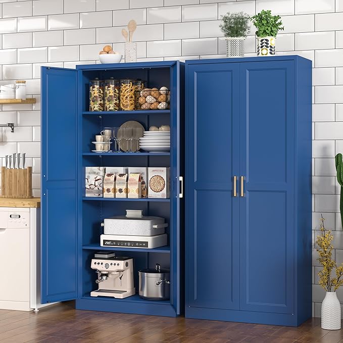 Kitchen Pantry Cabinet, 71 Inch Tall Metal Pantry Cabinet with Doors and Adjustable Shelves, Freestanding Food Cupboard, Storage Cabinets for Dining, Living Room, Navy Blue, Assemble Required