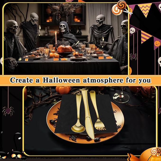 Lasnten 50 Pcs Pre-rolled Halloween Plastic Silverware Set Gold Disposable Plastic Cutlery Set with 50 Orange Black Napkins, 50 Knives, 50 Forks and 50 Spoons for Halloween Parties
