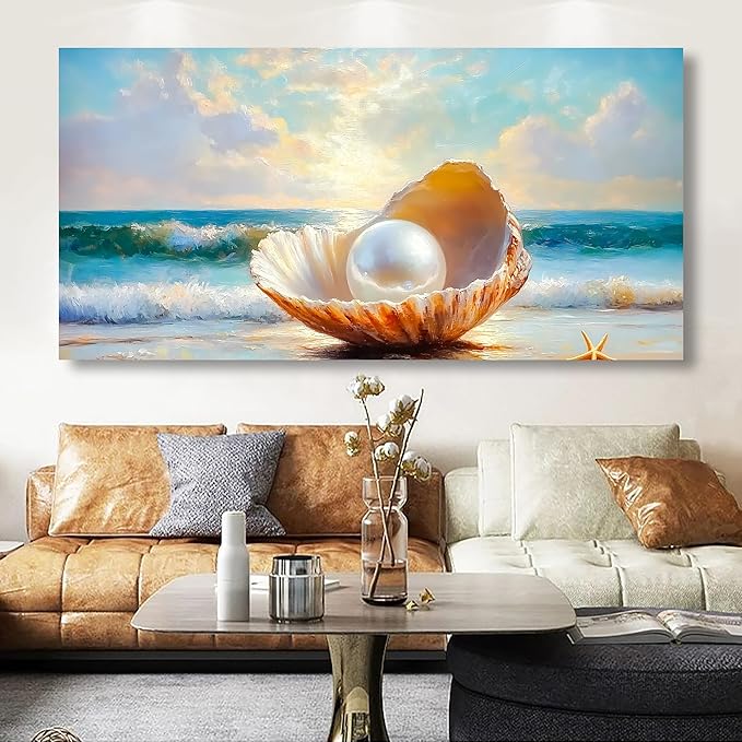 Seashells Pearls Pictures Canvas Wall Art Living Room Office Bedroom Wall Decor Sea Landscape Wall Art Prints Modern Blue and White Landscape Artwork Waterproof Ready to Hang - 20x40 inches
