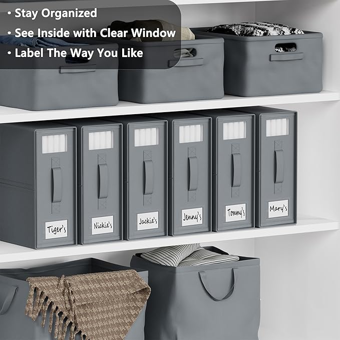 SUOCO SheetCube Bed Sheet Organizers and Storage 6 Pack, Foldable Linen Closet Organizer with Window and Label, Bedding Folder Storage Box Container for Blanket, Duvet Cover Set, Bed Sheet Set - Grey