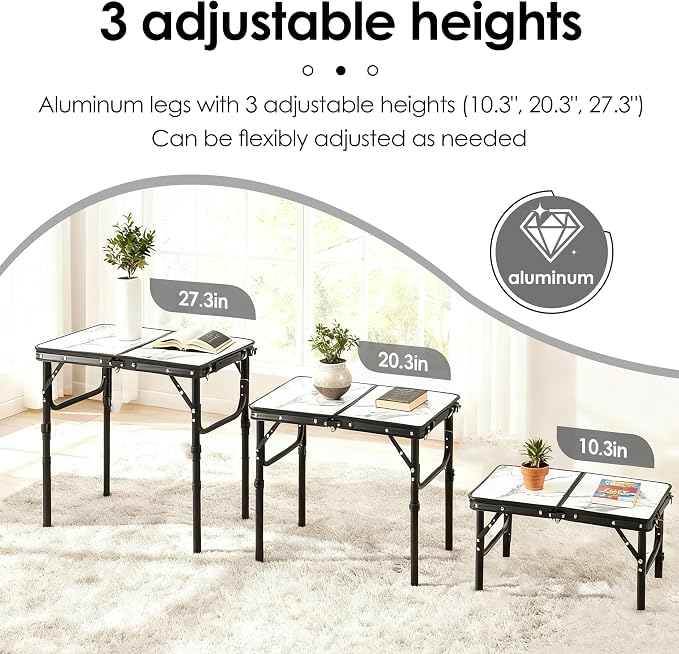 Folding TV Trays Foldable Dinner Tray Table Adjustable Height Food Snack Eating Couch Side Table Sturdy Aluminum Portable Sofa Tray End Table for Outdoor Indoor Camp Pinic Bed Couch Living Room Marble