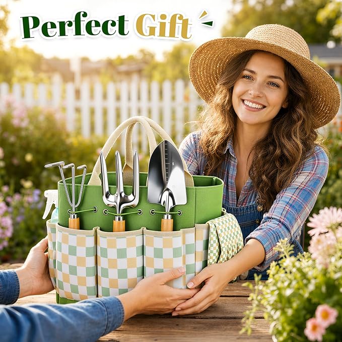 Garden Tool Set, Garden Tools 9-Piece Heavy Duty with Durable Tote Bag, Ergonomic Gardening Tools, Ideal Gardening Gifts for Women, Rust-Resistant Gardening Kit