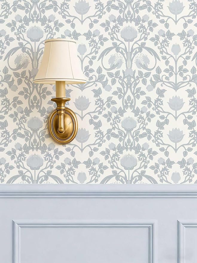 YXTII 17.3" × 393.7" Blue Floral Peel and Stick Wallpaper, Damask Vintage