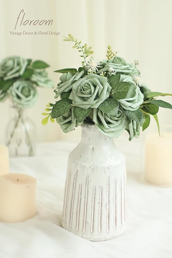 Floroom Artificial Flowers 50pcs Real Looking Elf Green Foam Fake Roses with Stems for DIY Wedding Bouquets Bridal Shower Centerpieces Sage Green Floral Arrangements Home Decorations