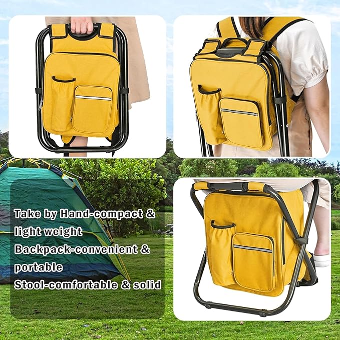 Kikerike Backpack Stool Cooler Chair Heavy Duty 300 LBS Max Load Portable Lightweight Stool Backpack Folding Fishing Cooler Seat for Camping Hunting Fishing - Yellow