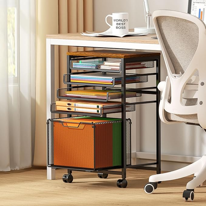 Rolling File Cart 5-Tier, Under Desk Cabinet with Sliding Metal Mesh Trays for Binder Storage, Utility Cart Printer Stand with Wheels for Letter-Size File Storage, for Office & Homeschool Organization