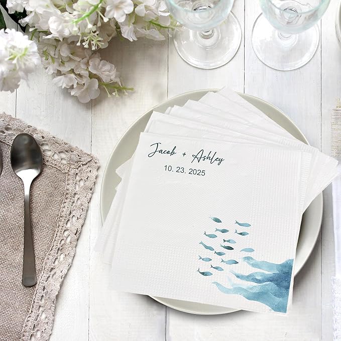 Luxury Custom Cocktail Napkins Wedding, Pack 50 100 150 500 Anniversary Party, Monogram Initials, Rehearsal Dinner Table Decor, Beverage & Luncheon, Saga Green, White Decor Style 1