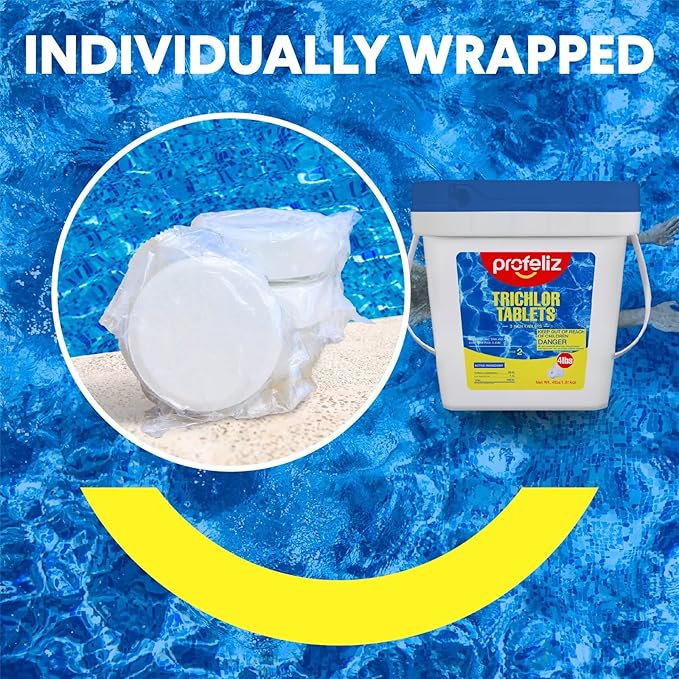 PROFELIZ Chlorine Tablets 3 Inch for Swimming Pools, Kills Bacteria and Stops Algae, Slow Dissolving,Individually Wrapped,Pool Chlorine Tablets, 2-Pack,4 lb per Bucket，8lb Total