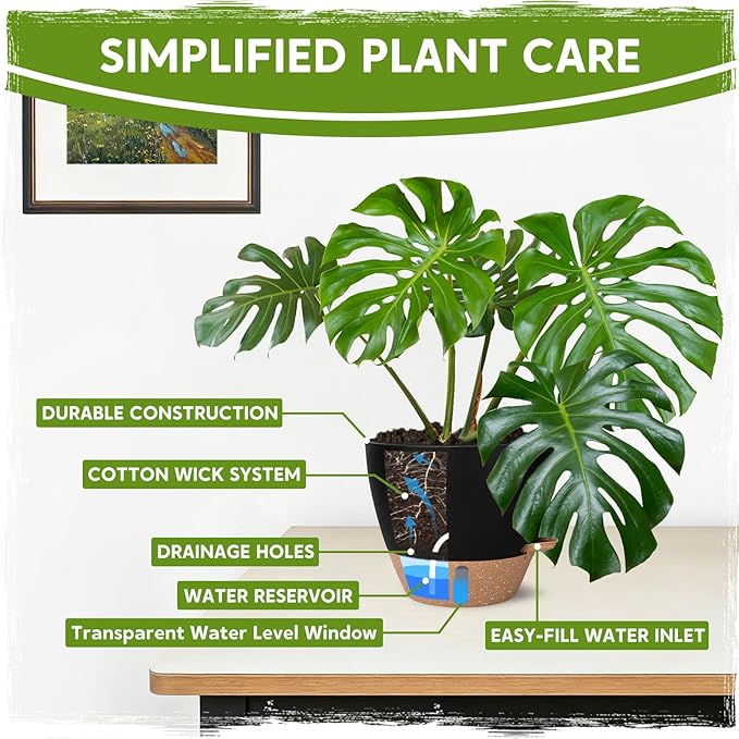 Self-Watering Pots for Indoor Plants with Visible Water Window,5/6/6.5/8/10 Inch Outdoor Flower Pots with Drainage Holes & Reservoir for Patio, Home Decor (Black)