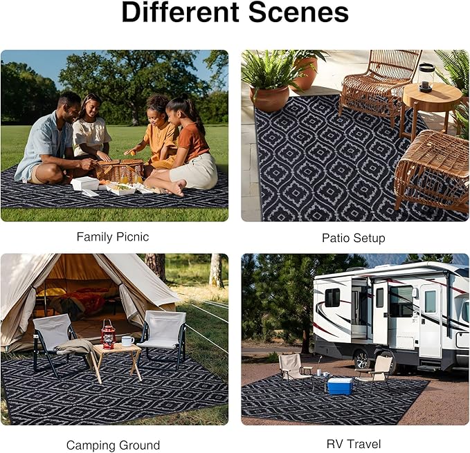 OLANLY Outdoor Rug 9x12 ft Waterproof, Outdoor Plastic Straw Rug with Geometric Pattern Clearance, Reversible RV Mat for Patio, Camping, Balcony, Deck, Backyard, Black & Beige