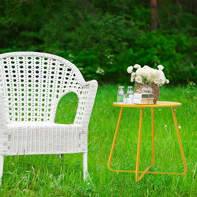 danpinera Outdoor Side Tables with Flower Cut Outs, Weather Resistant Steel Patio Side Table, Small Round Outdoor End Table Metal Side Table for Patio Yard Balcony Garden Yellow
