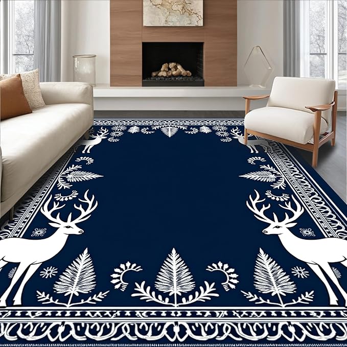 Flatwoven High Traffic Area Rug 2x3, Enchanted Forest December Shower Curtain Full Restroom Kit, Non Slip, Stain Resistant, Washable Area Rugs for Living Room, Bedroom (Blue, 2x3)