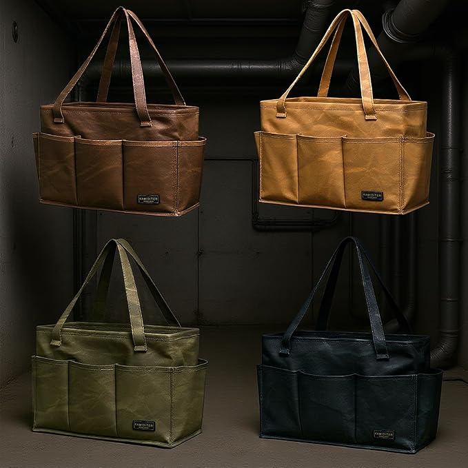 Tool Bag with Metal Frame, Waxed Canvas Wide Open Top Tool Tote Bag with 10 External Pockets, 15.5 x 7.5 x 10.5 Inches (ArmyGreen)