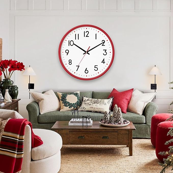 HZDHCLH Wall Clock Red, Silent Wall Clocks Battery Operated 12 Inch Modern Non
