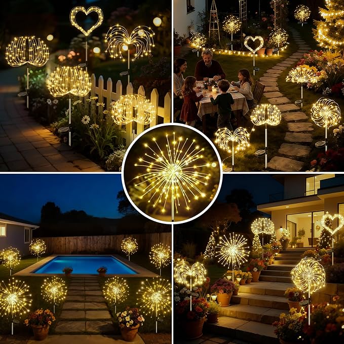 btfarm 1 Pack Solar Garden Lights Outdoor, 8 Modes Firework Lights Solar Powered, Waterproof Twinkle Fairy Light Outside for Yard Patio Pathway Pool Christmas Party Decorative, Warm White