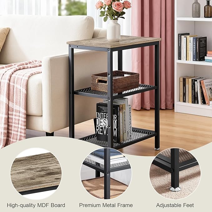 VECELO Tall End Side Tables, 30" Height Nightstand with 3-Tier Storage Shelf for Bedroom Living Room, Easy Assembly,Industrial Style, Grey