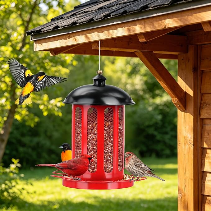 Bird Feeder, Large Capacity Bird Feeders for Outdoor Hanging, Heavy Duty Metal Wild Birdfeeder for Outside Garden Yard Decor, Retro Lantern Shape (Red)