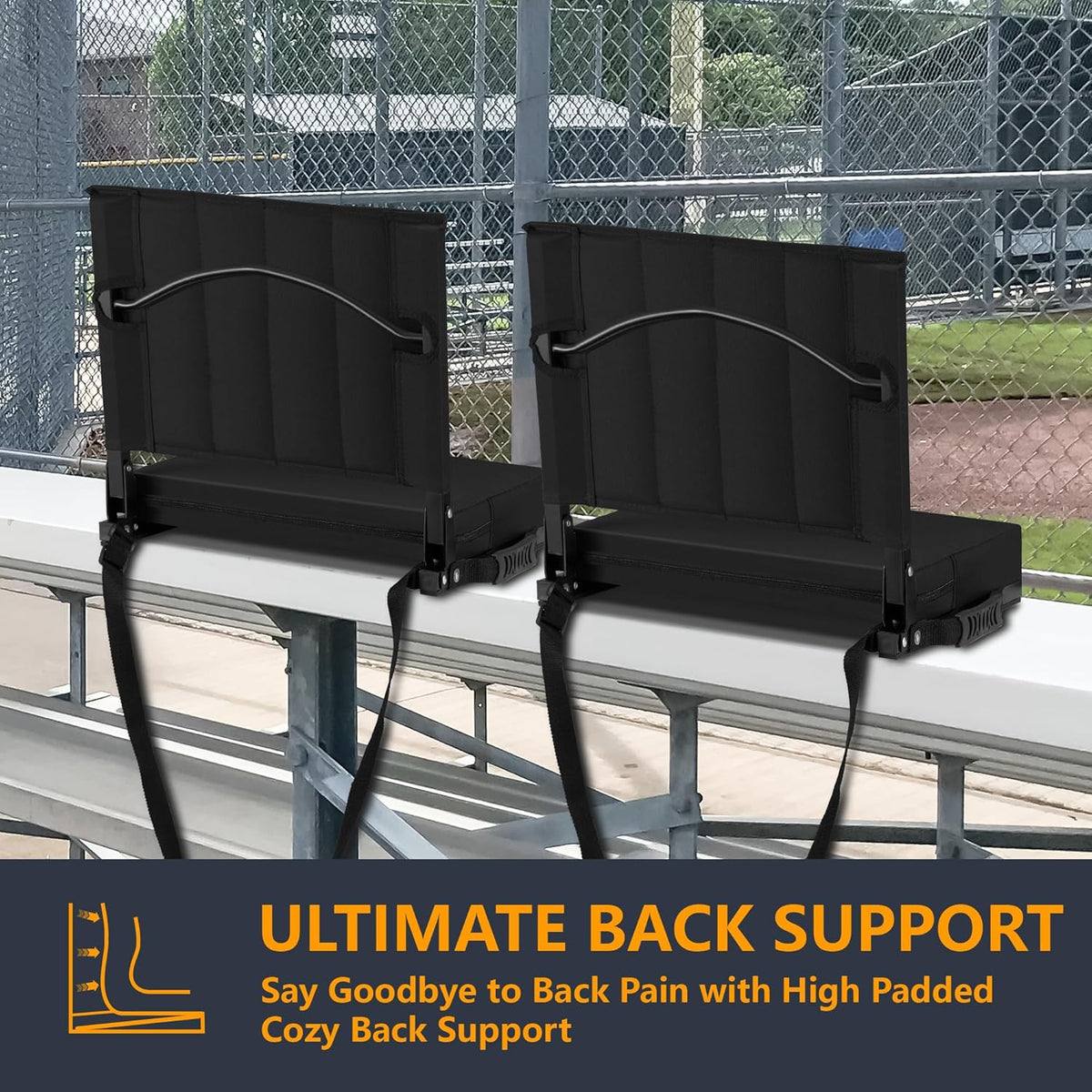 Skiennix Portable Stadium Seat - Comfy Padded Cushion with Back Support | Folding Chair with Cup Holder & Shoulder Strap