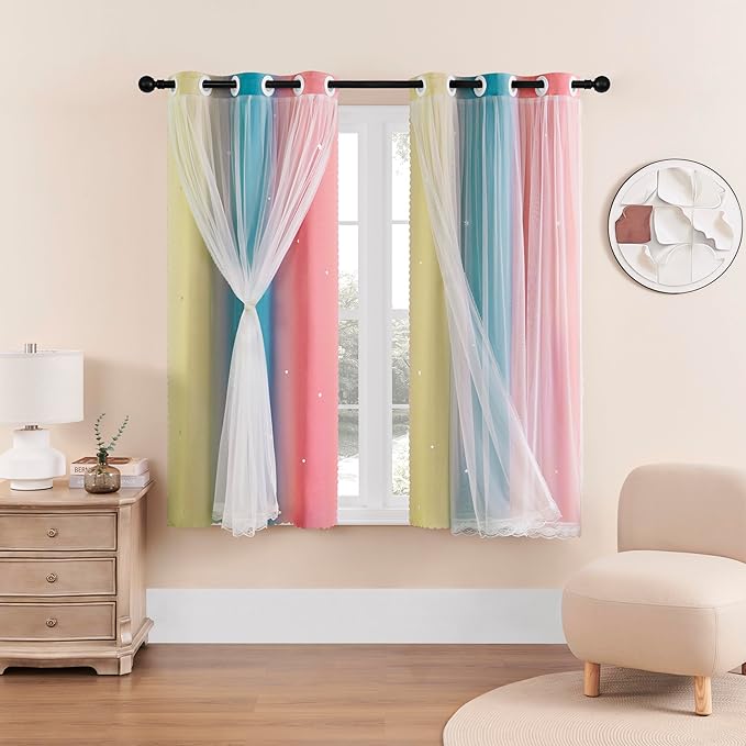 XiDi Curtains for Bedroom Decor, Rainbow Pink-Blue-34-45